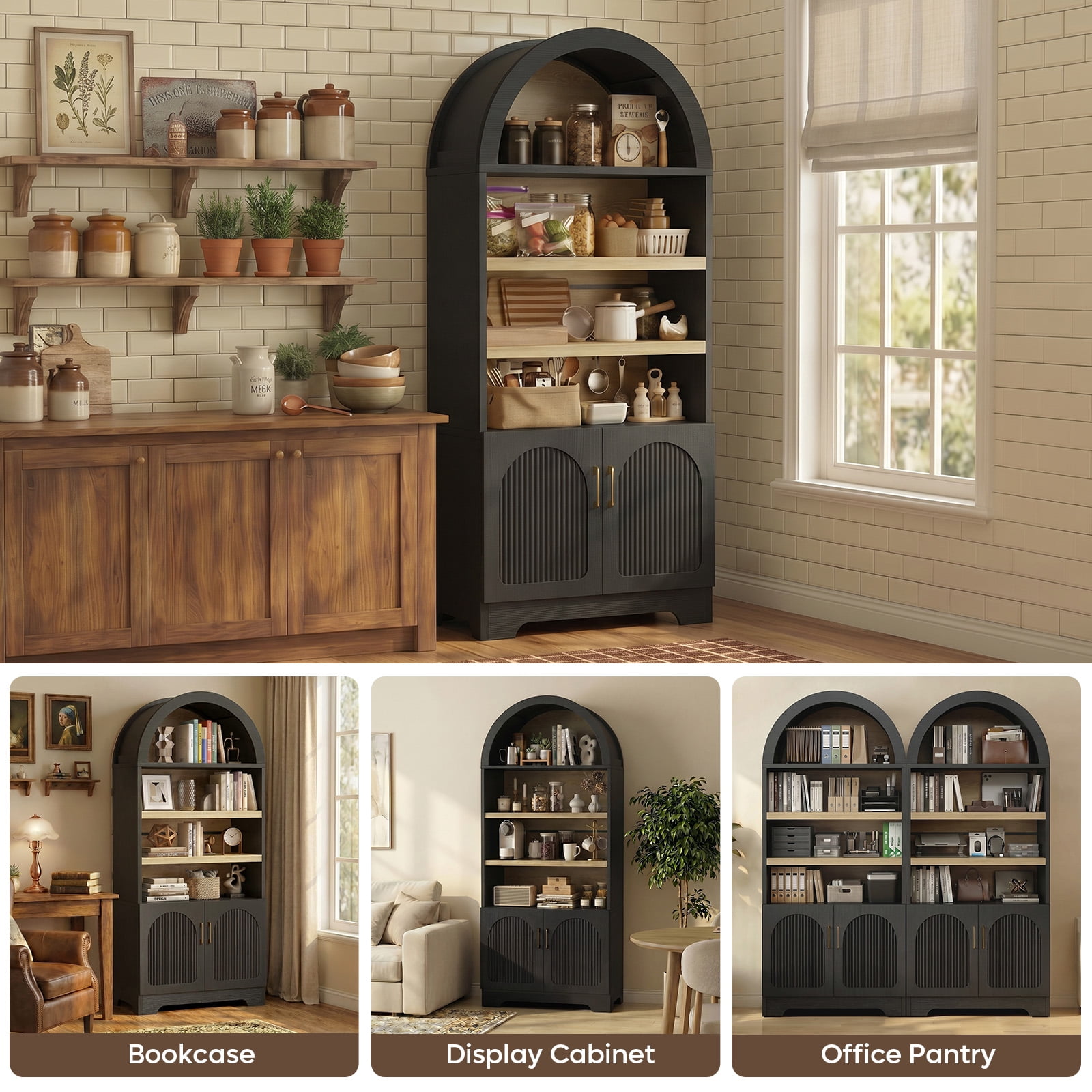 Bestier 71" Tall Kitchen Pantry Storage Cabinet, 4-Tier Arched Bookshelves with 3 Adjustable Shelves & 2 Doors, Display Shelf with Storage for Living Room Home Office, Black
