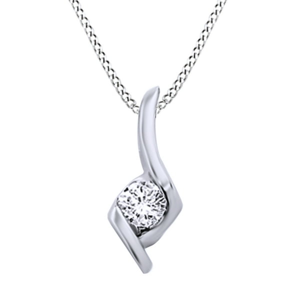 AFFY Round & Baguette Shape White Natural Diamond Solitaire Pendant Necklace in 14K Solid White Gold (0.25 Ct)