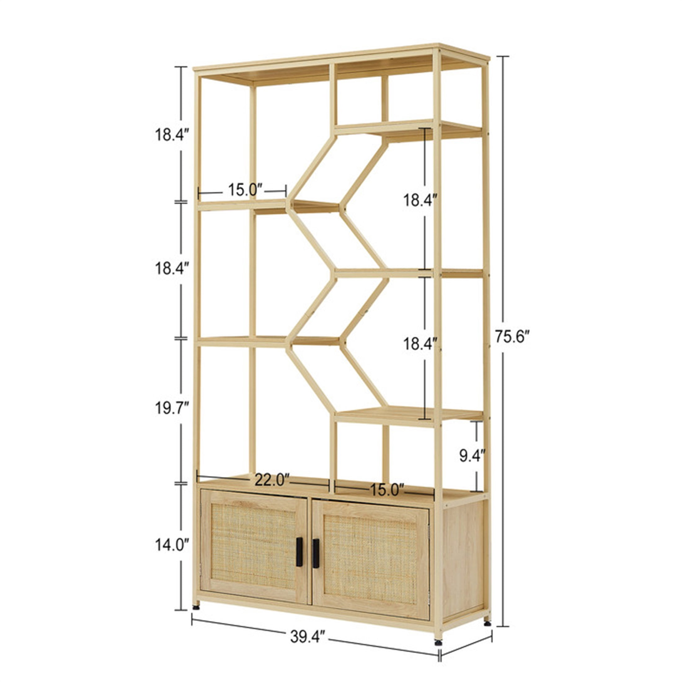 Porkiss Rattan 5-Tiers Storage Bookcases with Doors, Natural Finish