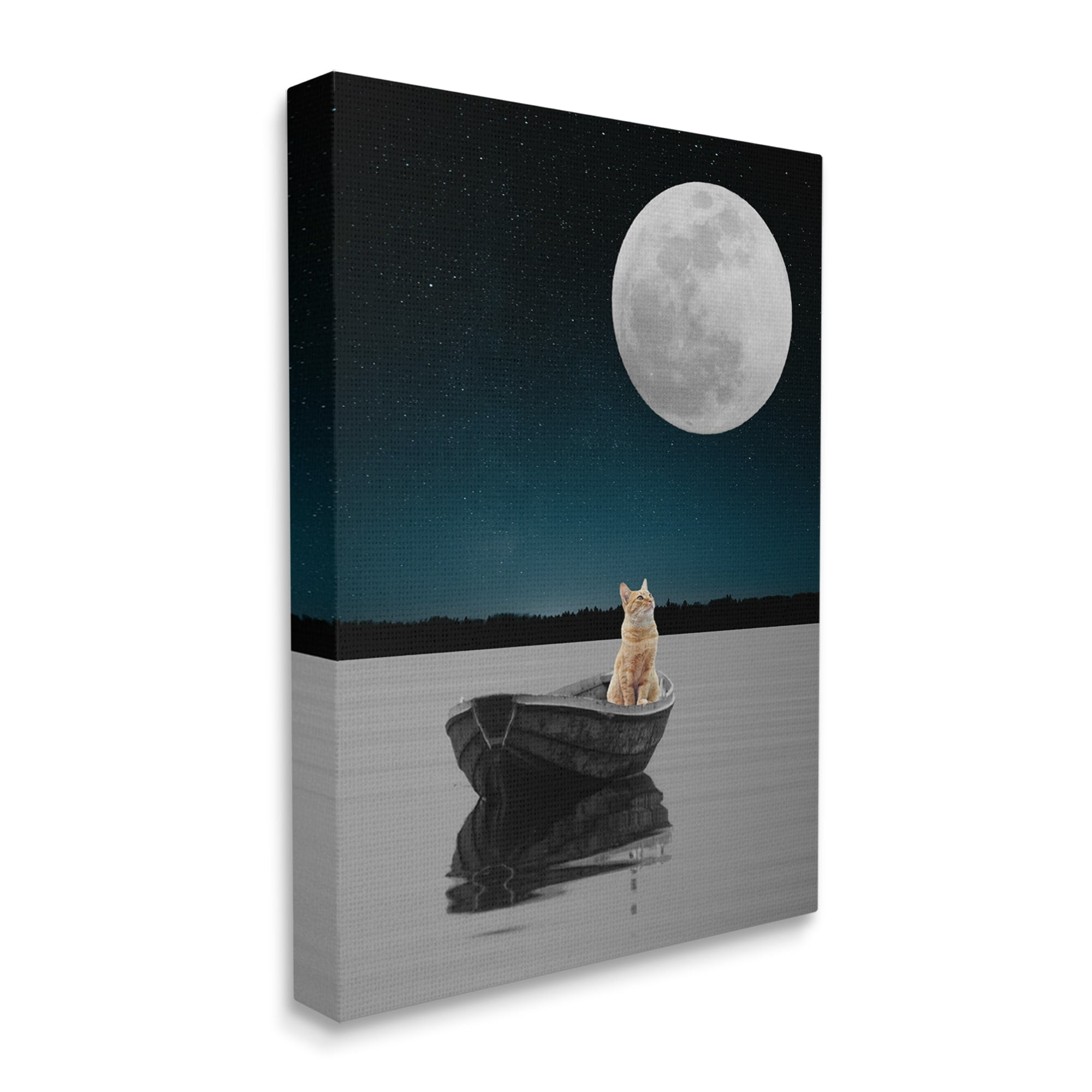 Stupell Industries Orange Cat Floating Rowboat Nighttime Moon Lake Scene , 16 x 20, Design by Atelier Posters