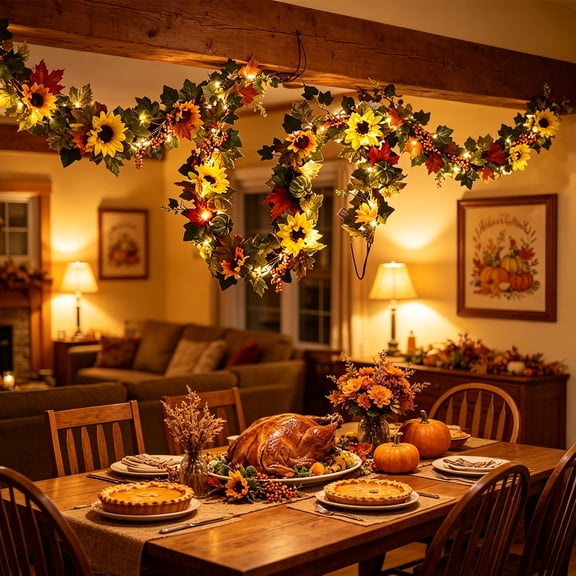 AuroraX Sunflower Pumpkin Rattan Garland Thanksgiving Harvest Wall Decor Real Touch Artificial Waterproof Indoor Outdoor Fall Home Decoration Yellow