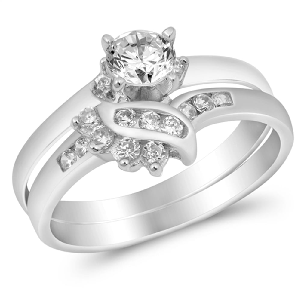 Round White CZ Bridal Engagement Ring ( Sizes 5 6 7 8 9 10 ) Set .925 Sterling Silver Band Rings