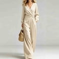 thumbnail image 2 of JIAYUE Women's 2-Piece Set Solid Color V Neck Irregular Long Sleeved Tops With Wide Leg Pants Outfit for Vacation Trip, 2 of 4