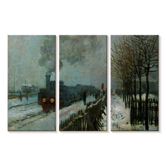 Elephant Stock Train In The Snow 1875 Wall Art - Horizontal Multi Panel Canvas - Living Room Wall Decor - Transportation Multi Panel - Blue And Gray Decor By Claude Monet - 23" x 14"