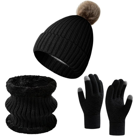 3 Pcs Winter Satin Silk Lined Beanie Hat Long Knit Scarf Touchscreen Wool Gloves Set for Women Men