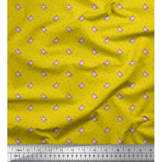 Soimoi Tissu en Coton Cambric Feuilles & Roses Imprimé Floral 1 Yard 56 Pouces de Large