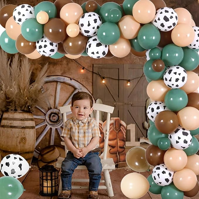Buffalo Party Decorations, Bison Themed Party Decor with Bison Happy Birthday Backdrop Cow Brown Green Balloon Garland Arch Kit for Highland Cow Baby Shower Party Decor Supplies