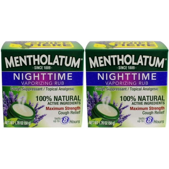 Mentholatum Nighttime Vaporizing Rub, Maximum Strength Cough Relief, 1.76 oz, Pack of 2