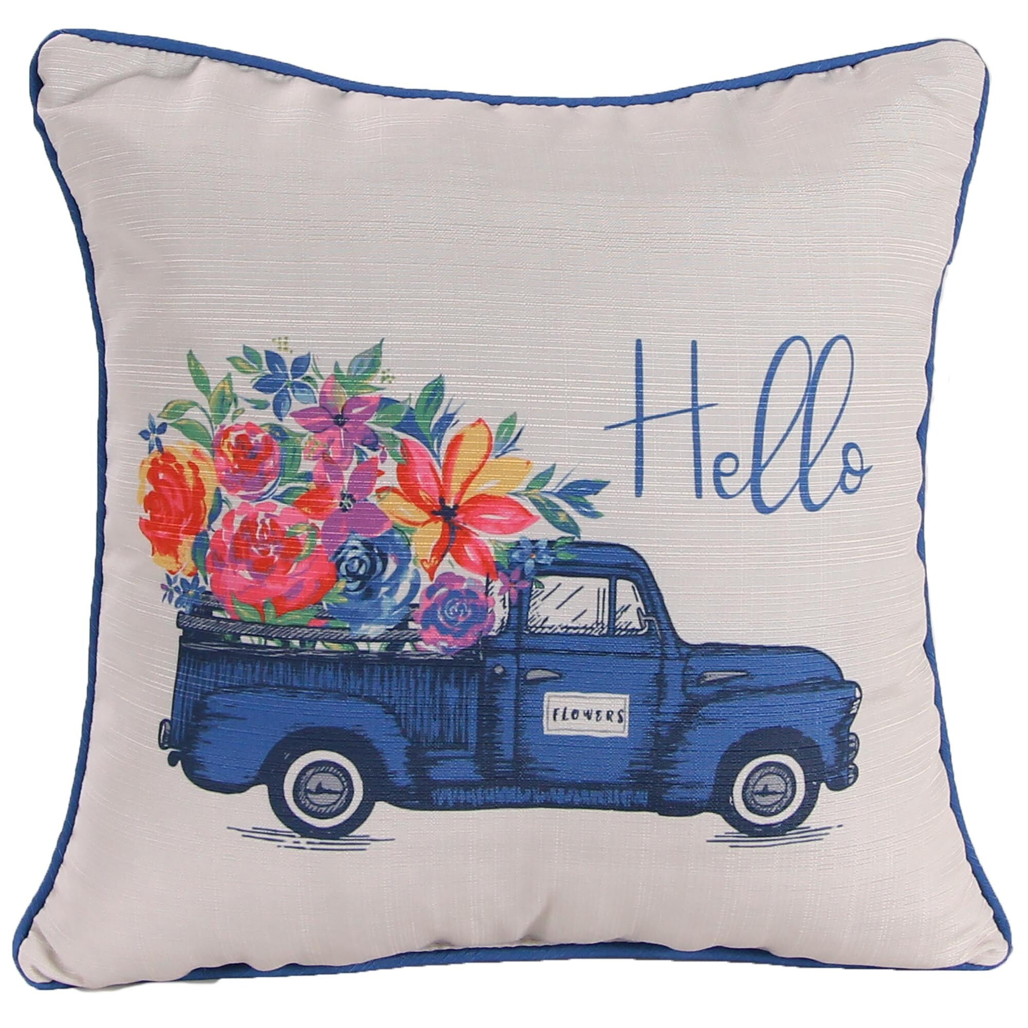 Jordan Manufacturing 18" x 18" Multicolor Hello Flower Truck Square Reversible Decorative Throw Pillow with Welt