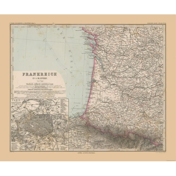 Historic Map - France Southwestern - Stieler 1885 - 27.52 x 23 - Vintage Wall Art