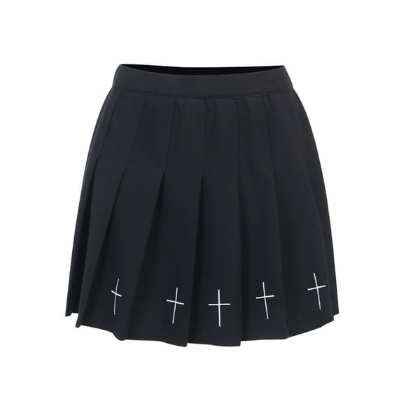 Sylvamorning Women High Waist Gothic Punk Cross Pattern Mini Pleated Skirt