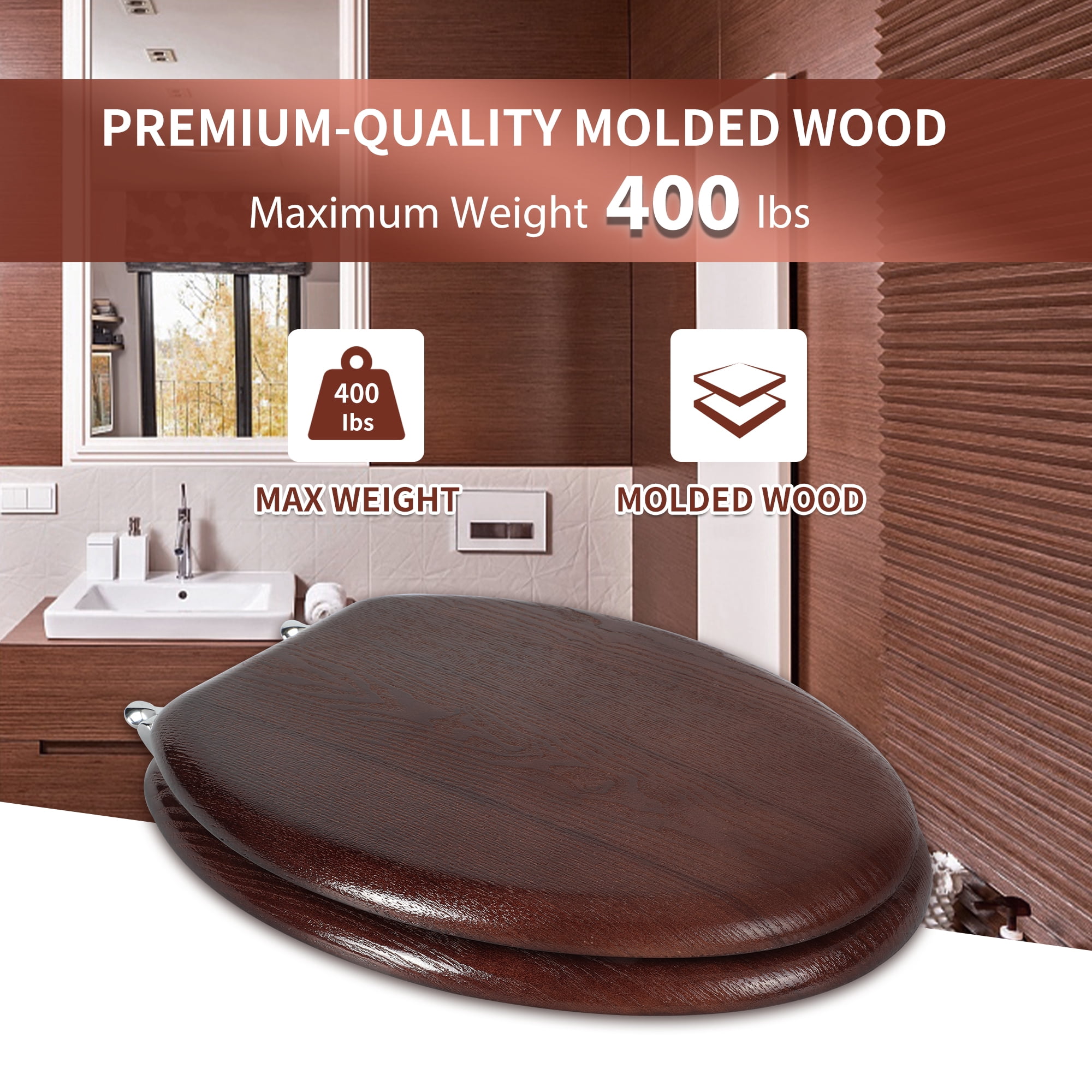 Angol Shiold Wood Elongated Toilet Seat, Easy Clean, Metal Hinges ( Elongated 18.5'', Dark Walnut )
