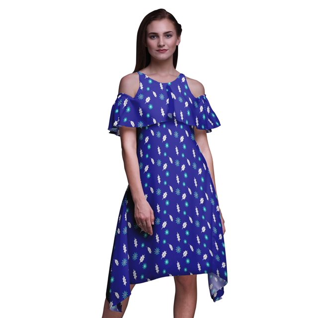 Bimba Robe Tunique à Épaules Dénudées Imprimée Feuilles Bleues pour Femmes Col Rond - TTG