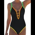 thumbnail image 3 of Traje de Baño de una Pieza para Mujer, con Control de Abdomen, Escote en V Profundo, Neón, Traje de Baño con Lazo en la Espalda, Verano 2025. Negro XL, 3 of 7