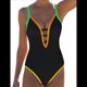 thumbnail image 3 of Traje de Baño de una Pieza para Mujer, con Control de Abdomen, Escote en V Profundo, Neón, Traje de Baño con Lazo en la Espalda, Verano 2025. Negro XL, 3 of 7