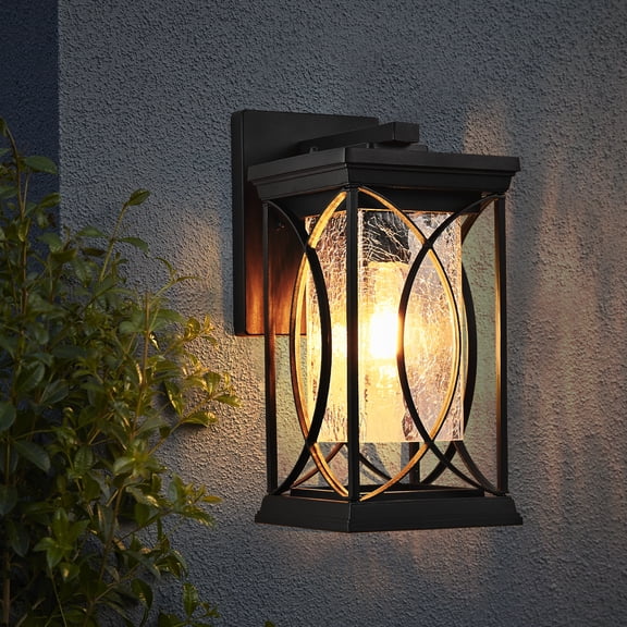 14"H 1-Pack Black Outdoor Wall Sconce with Crackled Glass, Weather-Resistant Exterior Light Fixture for Porch, Patio, and Entryway, Modern Decorative Wall Lantern with E26 Base (Bulb Not Included)