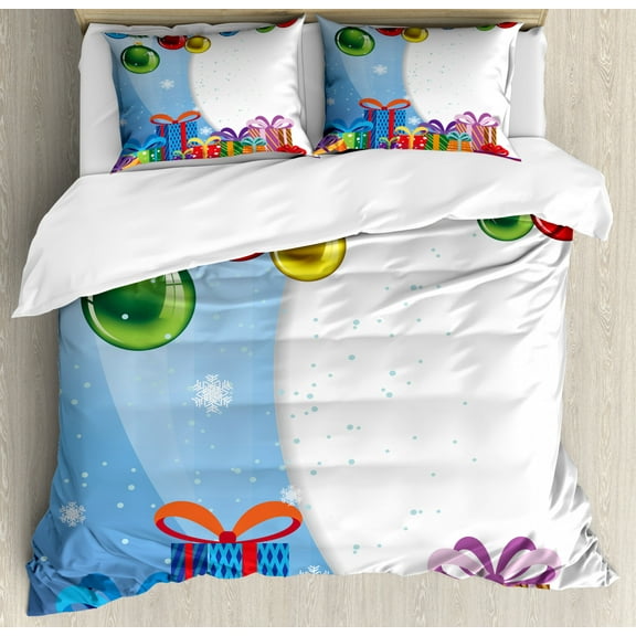 Christmas King Size Duvet Cover Set, Colorful Surprise Present Boxes Bowties and Vibrant Xmas Balls Fir Tree Branches, Decorative 3 Piece Bedding Set with 2 Pillow Shams, Multicolor, by Ambesonne
