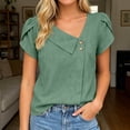 thumbnail image 4 of WEIWEN Cotton Linen Blouses for Women Summer Loose Fit Short Sleeve Tops Asymmetric Button Down V Neck Tees Dressy Casual T Shirts Green, S, 4 of 5