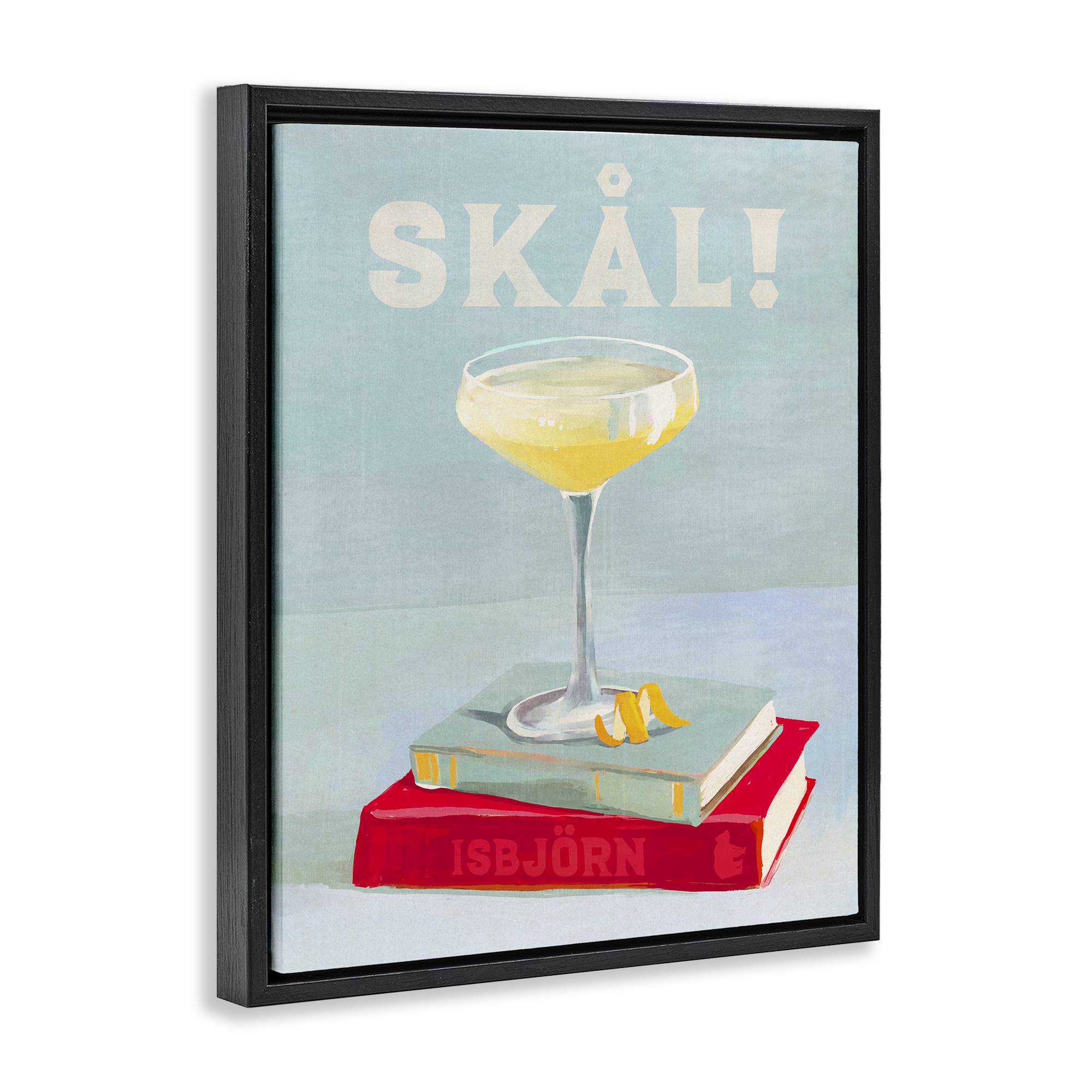 Stupell Industries Skal Cocktail & Bookstack Food & Beverage Painting Black Floater Framed Canvas Art Print Wall Art, 25 x 31