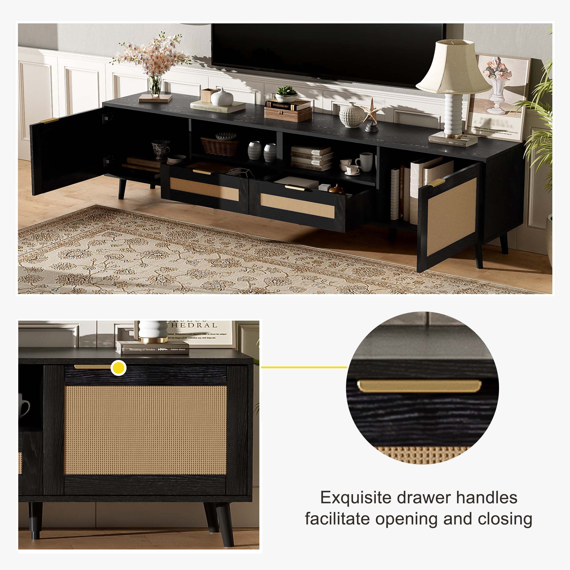 Aukfa Rattan TV Stand for TVs up to 85", Farmhouse Media Console for Living Room Bedroom,Black
