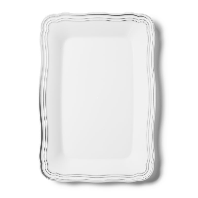 9 X 13 Inch Rectangle White and Silver Rim Plastic Serving Tray