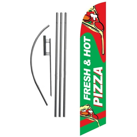 Fresh and Hot Pizza Restaurant Advertising Feather Banner Swooper Flag Sign with 15 Foot Flag Pole Kit and Ground Stake