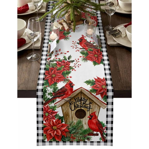 Christmas Table Runner Cardinal Bird House Poinsettia Table Runners Pine Cones Black Plaid Cotton Linen Dresser Scarf Kitchen Dining Table Decor for Christmas Holiday Party Decor 13x72 Inch