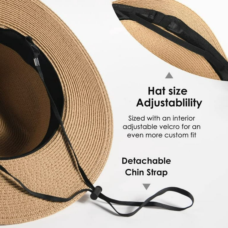 Furtalk Panama Hat Sun Hats for Women Men Wide Brim Fedora Straw Beach Hat UV UPF 50- Khaki Brown- M, Women's, Size: One Size