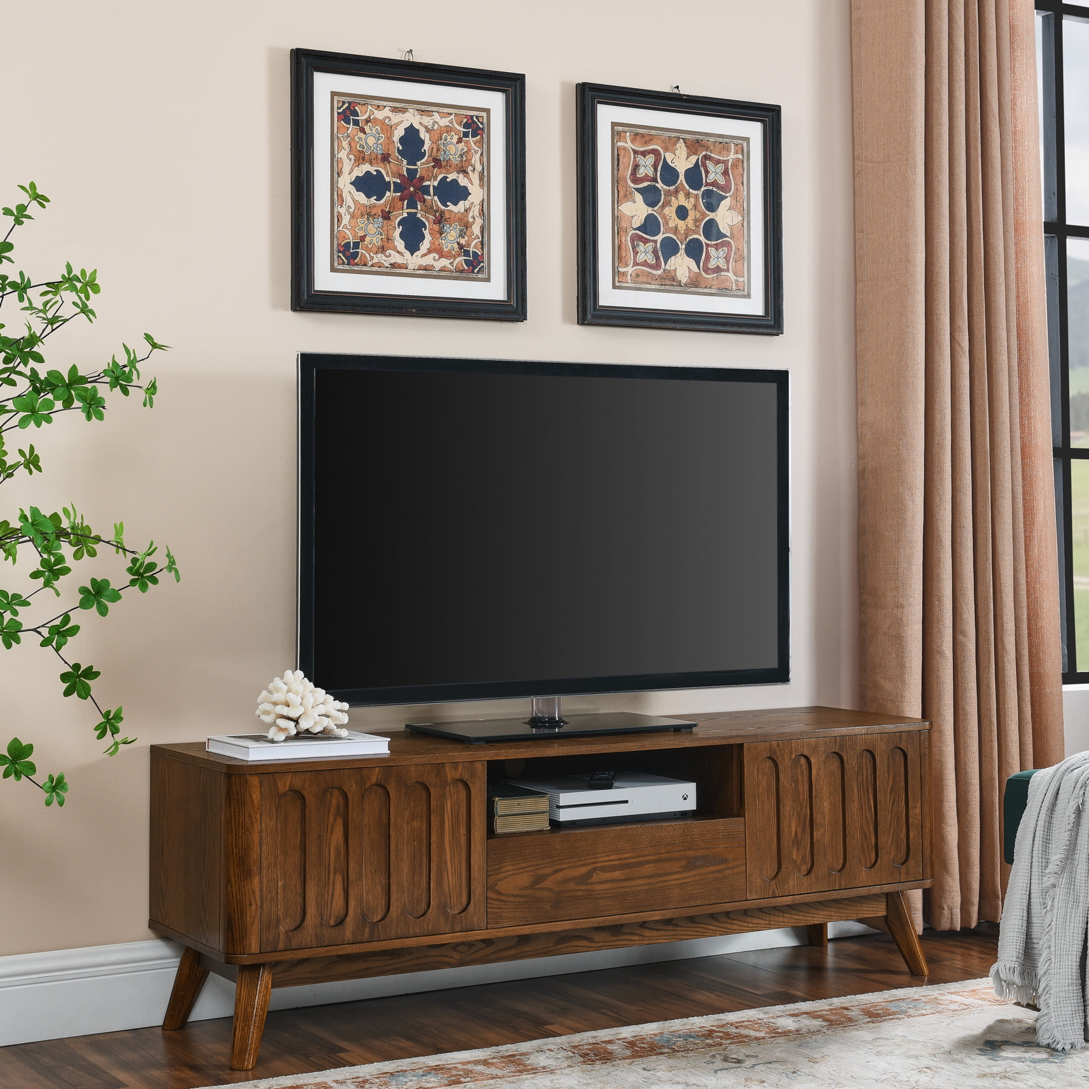 Noble House Mid-Century Modern Fluted TV Stand for 65" TV, Entertainment Console with Storage, Solid Wood Legs, Walnut