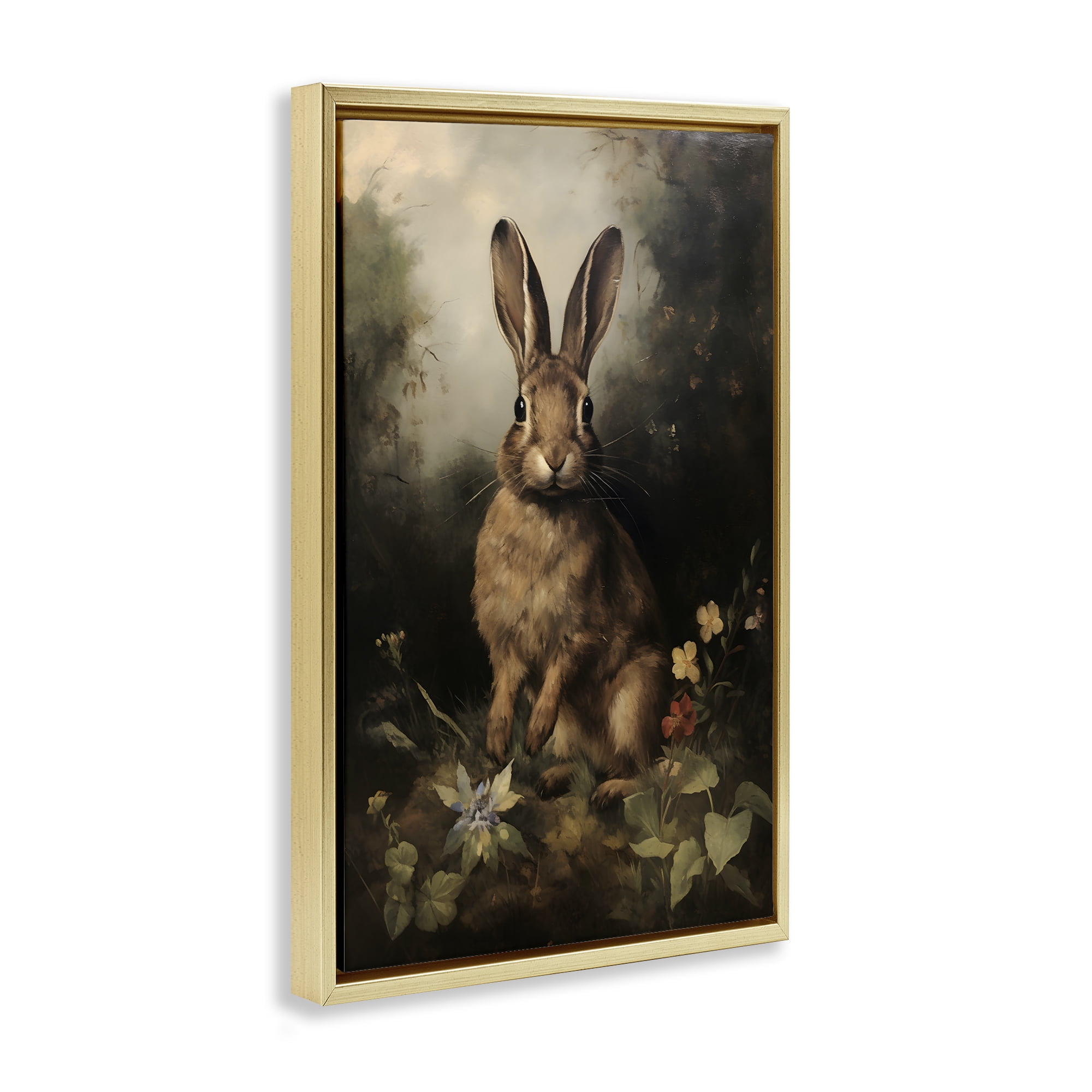 Stupell Industries Bunny in Nature Animals & Insects Painting Gold Floater Framed Canvas Art Print Wall Art, 21 x 31