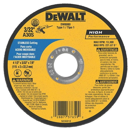 UPC: 0028877376592 | DeWalt DW8080 4-1/2  x 3/32  x 7/8  Stainless Steel Cutting Wheel