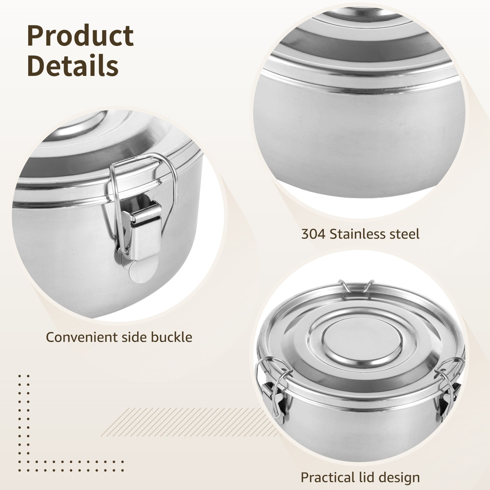 3 PCS Stainless Steel Bento Box Set, Leak-Proof Food Storage Containers, 3 Sizes Round Airtight Food Containers, Large-capacity Dishwasher Safe Lunch Boxes, Stackable Silver Thermal Bento Box
