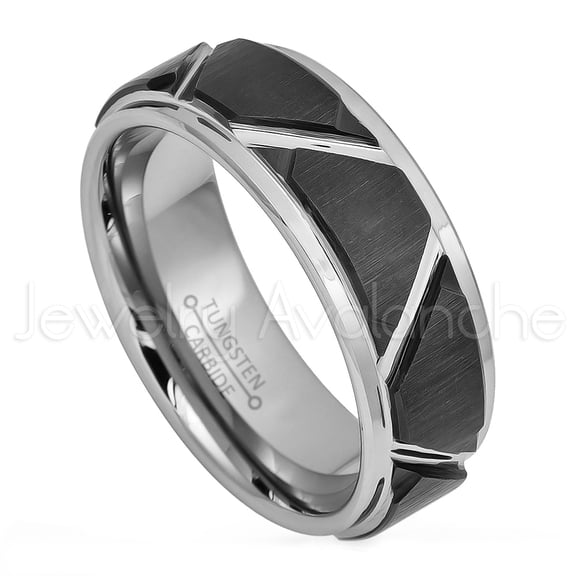 2-Tone Pipe Cut Tungsten Ring - 8mm Brushed Black IP Comfort Fit Grooved Tungsten Carbide Wedding Band - TN700s9