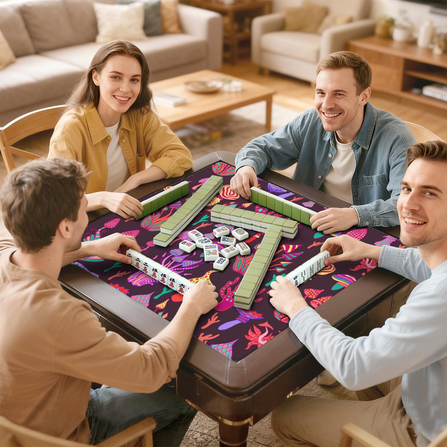 31.5 Inch Plants Design Mahjong Table Pad Made of Durable Rubber with Anti-Slip Non-Slip Surface and Noise Reducing Technology for Card Games Board Games Tiles