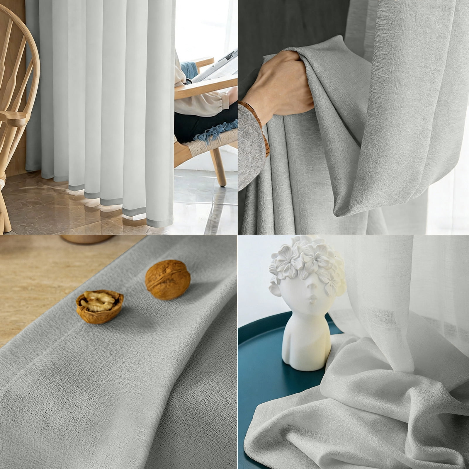 Linen Style Window Curtains Set of 2, Gray Flax Fabric Curtains 150x270cm for Living Room and Bedroom