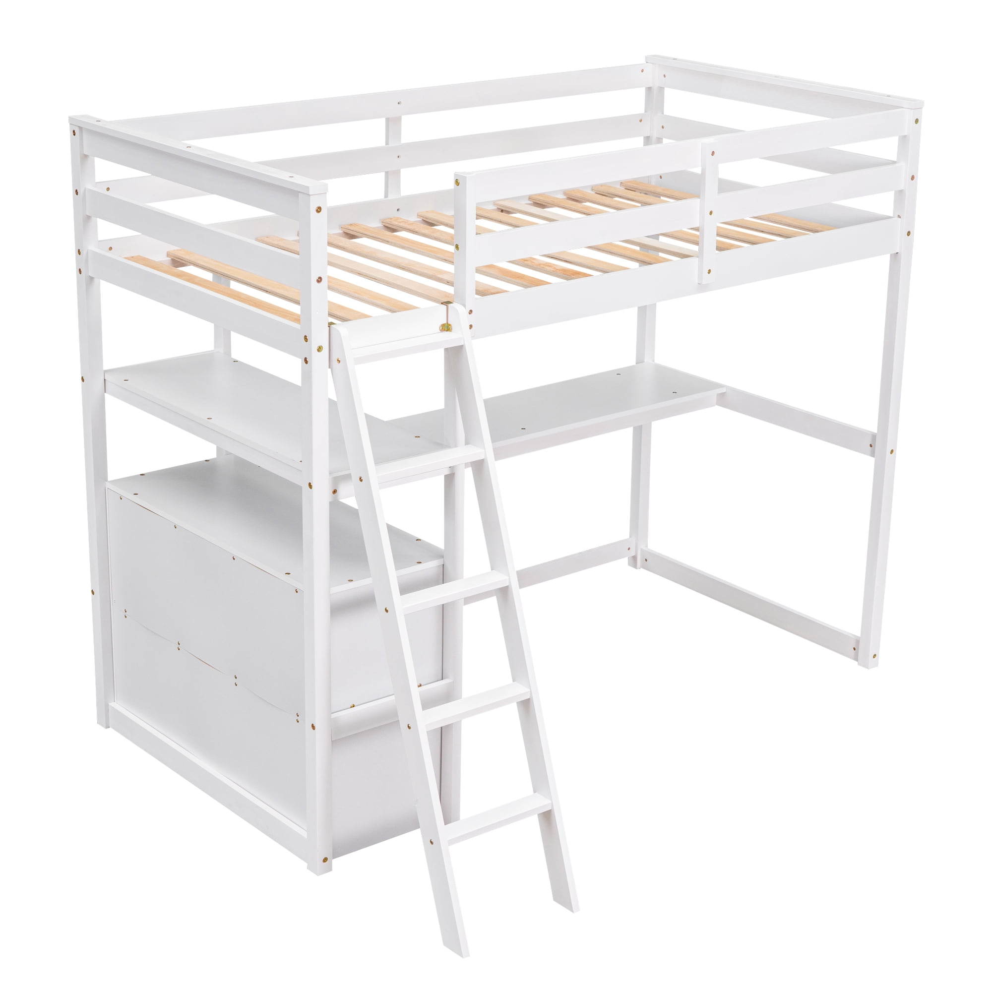 MAYEERTY Twin Size Loft Bed - Desk, Shelves & 2 Built-in Drawers, White