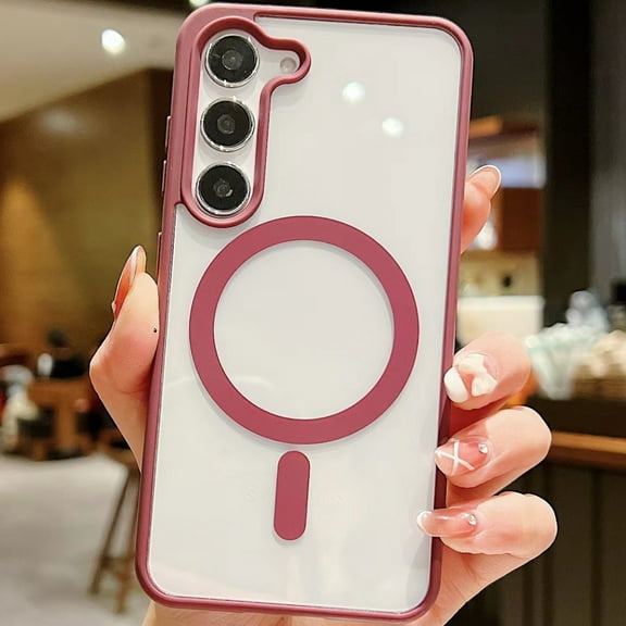 Cover for Samsung Galaxy S22 Plus, Compatible with MagSafe Case,Slim Shockproof TPU Bumper Anti-Scratch Acrylic Matte Transparent Case Cover, winered