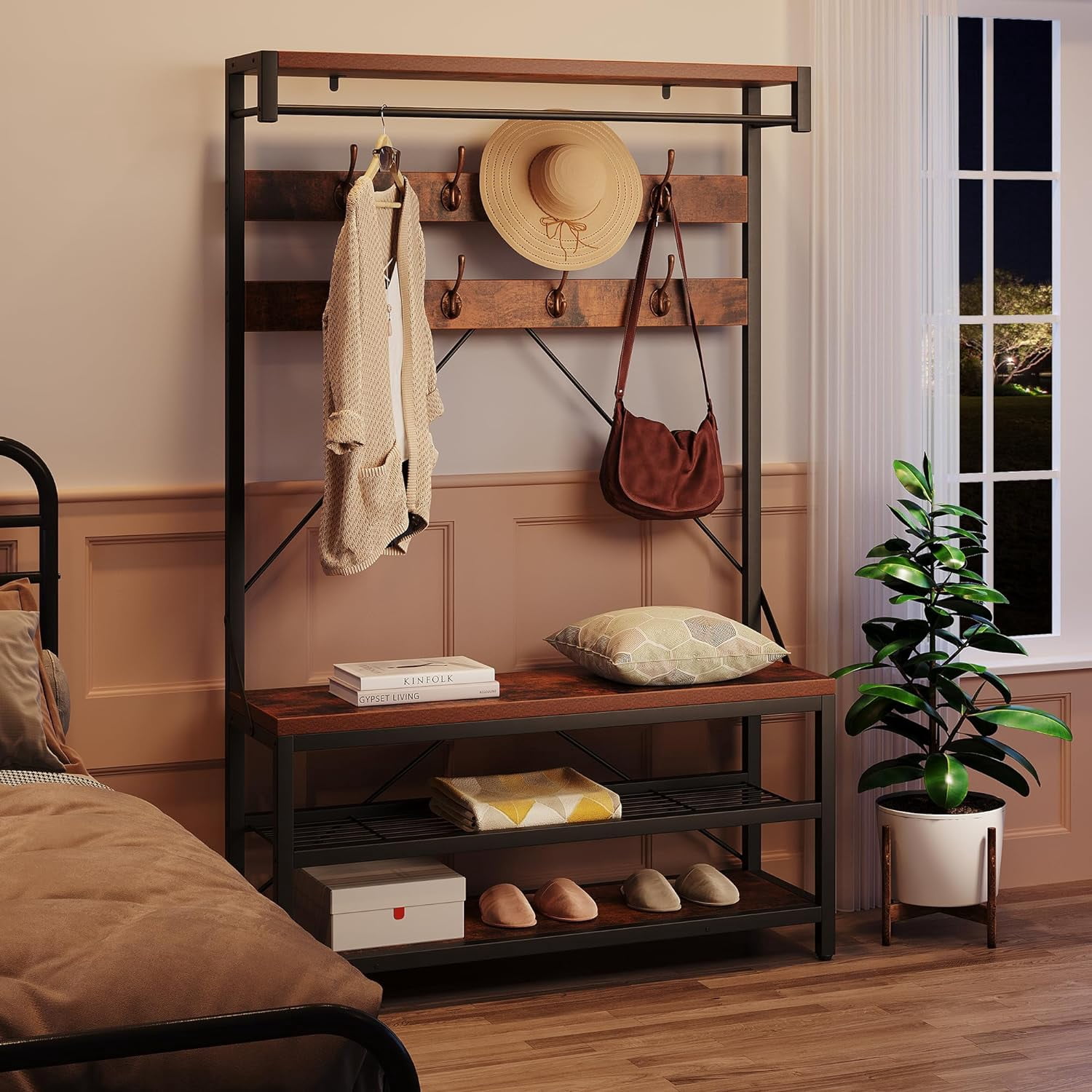EastVita Coat Rack Shoe Bench Industrial Hall Tree Storage Bench for Entryway Wood Look Accent Large Shoe Rack Bench with Storage Shelf Hanging Bar,8 Hooks Grey 39.9"x15.7"x72"