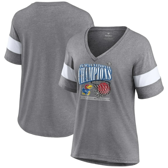 Women's Fanatics Heathered Gray Kansas Jayhawks 2022 NCAA Men's Basketball National Champions Press Vintage V-Neck