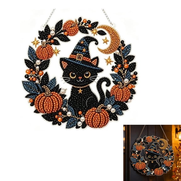 Halloween Cat Diamond Painting Kit, Diy Acrylic 5D Special Shaped Crystal Diamond Gem Art Painting Hanging Ornament, For Home Wall Decor and Gift