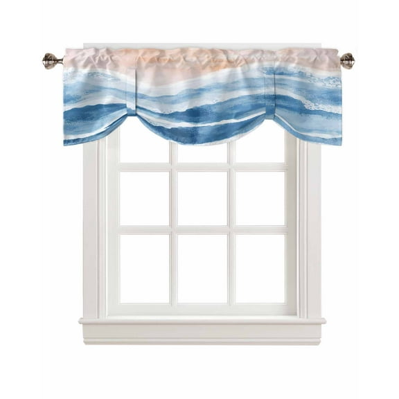 Tie Up Valance Curtain for Kitchen,Abstract Blue White Beige Oceans Waves Rod Pocket Short Curtains Adjustable Tie-Up Shade Valances,Bohemian Beaches Window Treatment for Bathroom Bedroom