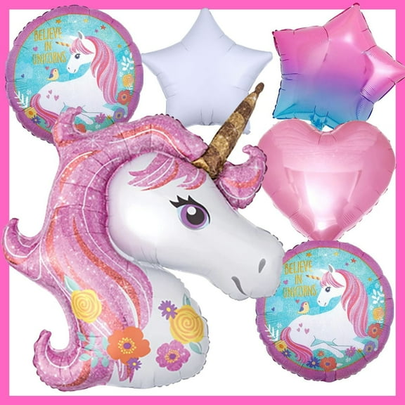 Magical Floral Unicorn Balloon Bouquet - Bright Colors & Hearts! (6 Balloons)