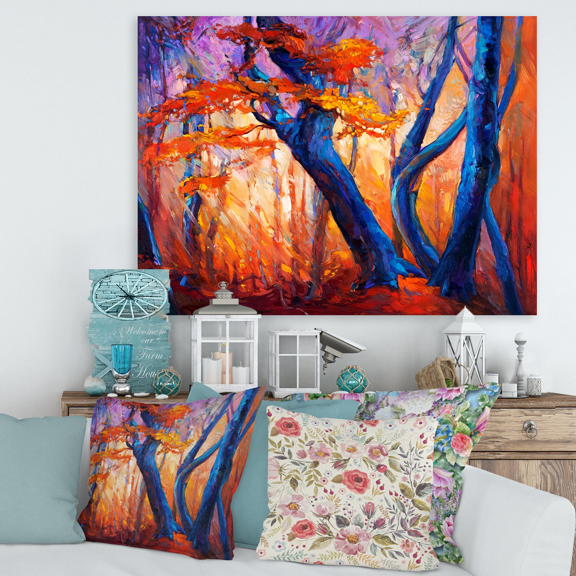 Designart ' Abstract Blue Silhouettes Of Trees In Orange Autumn Forest ' Farmhouse Canvas Wall Art Print
