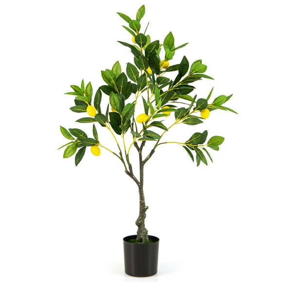 Costway 1 PCS 2.6 FT Tall Artificial Lemon Tree with Lemon Fruits, Cement Pot for Porch, Office