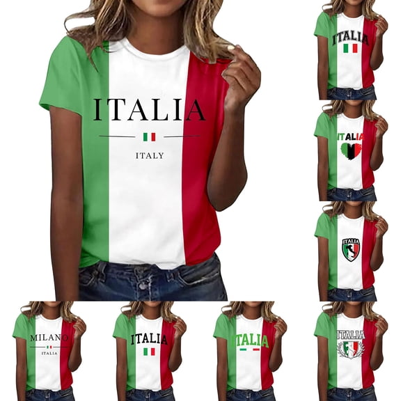 Lkhaha Women Italia Flag Print T Shirts Crew Neck Tops Short Sleeve Patriotic Casual Tees Red L