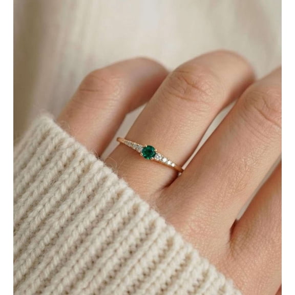 vylahjewellery Brilliant Round Green Gemstone Engagement Ring 10K Vermeil Yellow Gold Birthday Gift for Her Dainty Moissanite Wedding Anniversary Ring