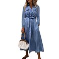 thumbnail image 1 of Vestido largo de mezclilla para mujer de VISgogo, vestido de manga larga con cuello vuelto de Color sólido, vestido informal de primavera con botones y cinturón VISgogo moda, 1 of 9