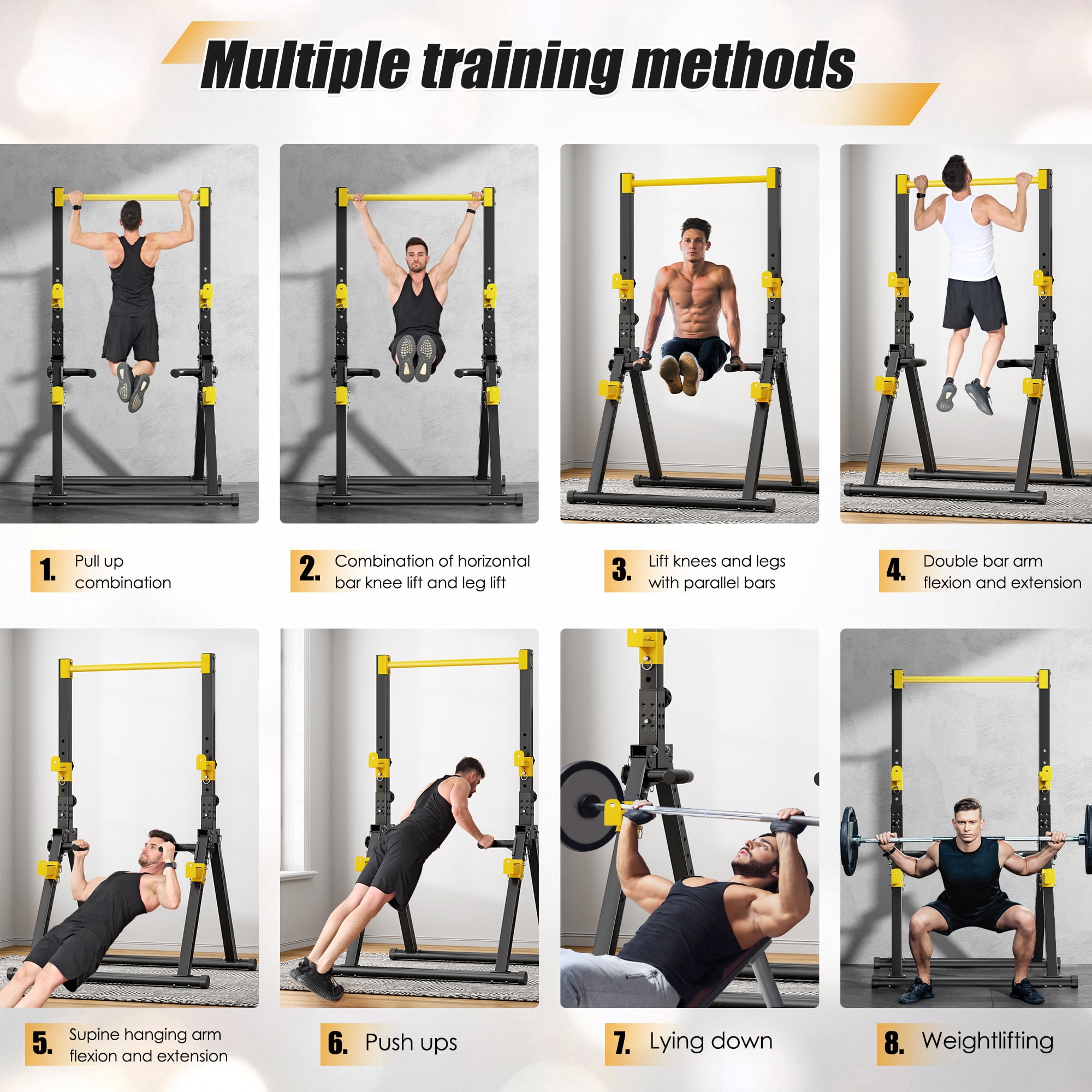 Free Standing Foldable Pull Up Bar, Triangular Power Tower Workout Dip Station for Home, Height Adjustable Pull Up Bar Stand Dip Bar Strength Training Workout Equipment, Support 500lbs,Black + Yellow