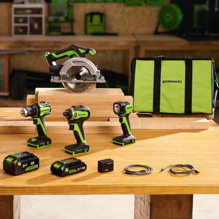 Greenworks 24V Cordless Brushless 4PCs Combo, 400 in-lbs Drill