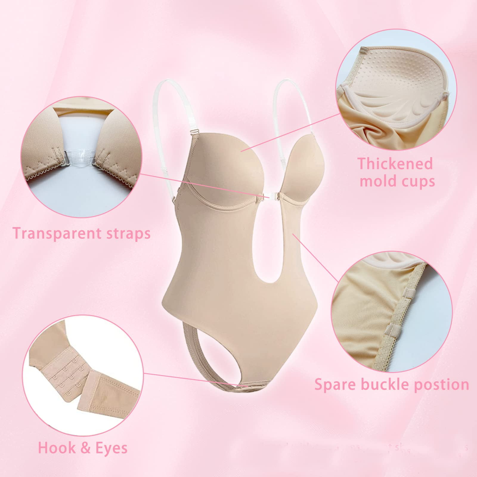 Women's Backless Shapewear Deep V Bodysuit U Plunge Seamless Thong Low Back  Body Shaper Bra(Nude,L-36/80B) 